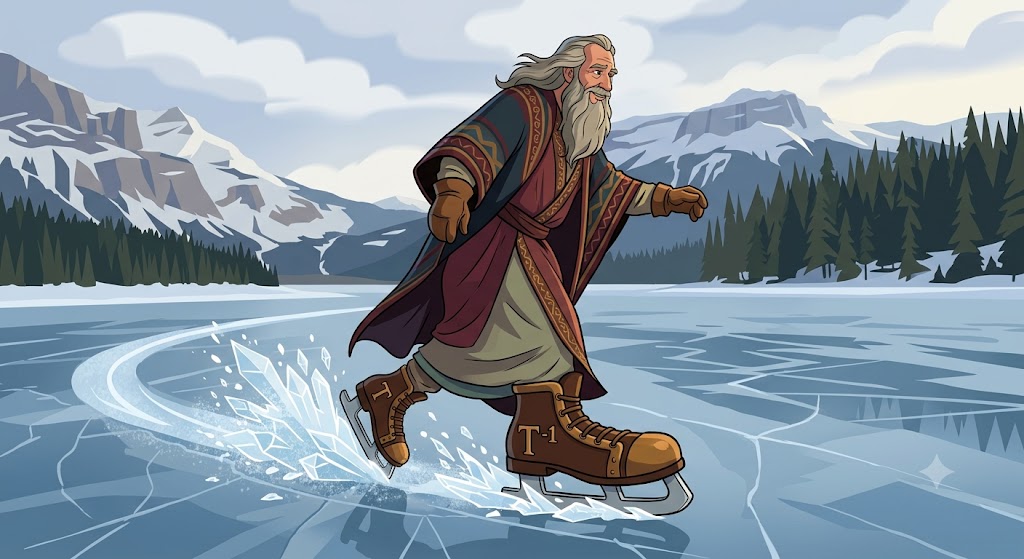 The prophet skating on a frozen lake, on skates labelled T and T-inverse.